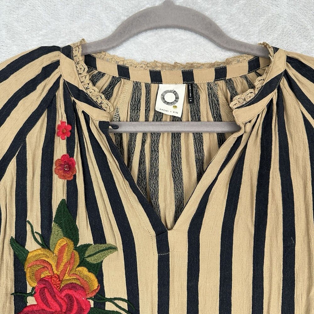 Anthropologie Akemi + Kin Manuela Blouse Womens M Black Tan Stripe Embroidered - Picture 2 of 14